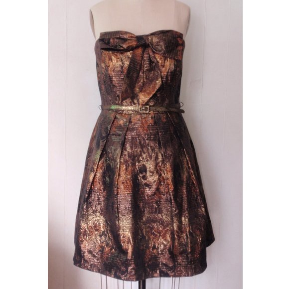 EVA FRANCO BRONZE GOLD FLORAL STRAPLESS DRESS 14